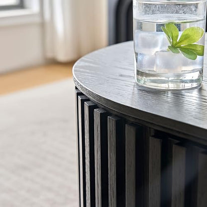 51.18'' Oval Wood Coffee Table with Drawer, Centre Table Tea Table Fluted Coffee Table Mid Century Modern Coffee Table Round Coffee Table Unique Coffee Table for Living Room Apartment-Black - color: Black, size: 51.18"x23.62"x14.56"