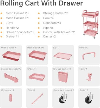 Sorgion 3 Tier Rolling Cart Organizer,Laundry Room Bathroom Organizers and Storage Office Shelves Mobile Shelving Unit Kitchen Trolley Cart with Wheels for Art,Craft,Diaper,Bedside,Snack(Pink) - size: 3Tier-Pink