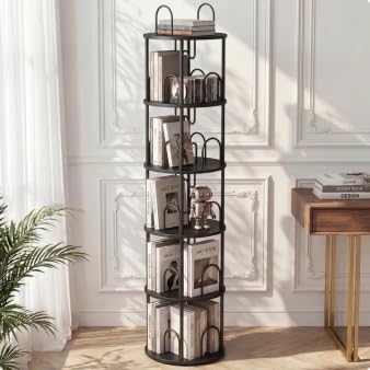 5 Tier Rotating Bookshelf, 360° Spinning Bookshelf Tower, Narrow Corner Book Shelf, Revolving Bookcase Corner Tall Book Shelf for Small Spaces, Bedroom, Living Room, Black - color: Black, size: 5 Tier, 67″H