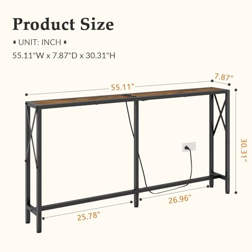Gewudraw Narrow Console Table - 55.1" Sofa Table Behind Couch with Socket | Industrial Style, Long Skinny Design,Couch Table For Hallway,Living Room,Bedroom, Built-In Outlets & USB, 140cm Length, Brown - color: Rustic Brown, size: 55.1 in