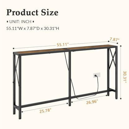 Gewudraw Narrow Console Table - 55.1" Sofa Table Behind Couch with Socket | Industrial Style, Long Skinny Design,Couch Table For Hallway,Living Room,Bedroom, Built-In Outlets & USB, 140cm Length, Brown - color: Rustic Brown, size: 55.1 in