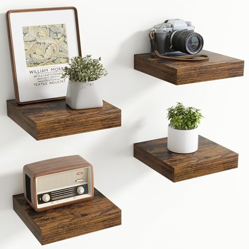 8Inch Square Floating shelves for Wall, 8In Deep, Invisible Brackets, Brown | Rustic Wall Mounted Shelf, Storage & Display, Wooden Shelves for Living Room, Kitchen, Bathroom and Home Decor, Set of 4 - color: Rustic Brown, size: 8 Inch, Set of 4