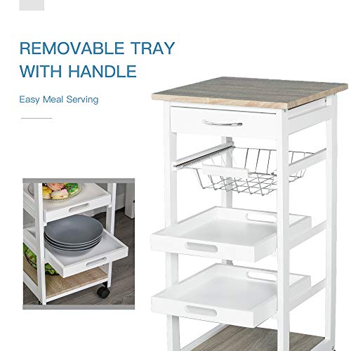 HOMCOM Mobile Kitchen Cart with Storage Solid Wood Frame Utility Cart White | Rolling Kitchen Island, Wire Fruit Baskets, Trays, Drawer - color: White
