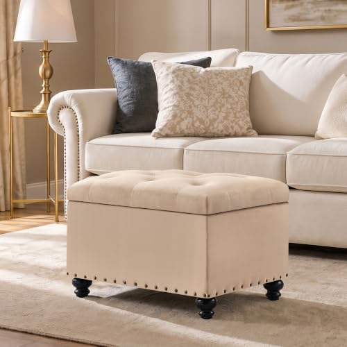 Zihanhome Velvet Storage Ottoman Bench, Button Tufted Ottoman with Hidden Storage, Upholstered Foot Rest Stool with Solid Wood Legs for Living Room, Bedroom, Entryway & Small Spaces (Khaki) - color: Velvet-khaki