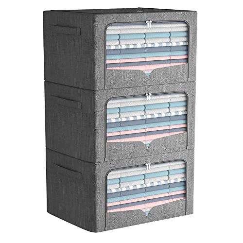 FHSQX 3 Pack Clothes Storage Bins Foldable Metal Frame Storage Box Stackable Linen Fabric Organizer Set with Carrying Handles and Clear Window (Dark Gray, 15.7x11.8x7.8inch(22L)) - color: Dark Gray, size: 15.7x11.8x7.8inch(22L)