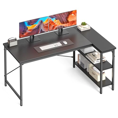 DUMOS L Shaped Desk, 55 Inch Computer Gaming Corner Desks with Shelves | Home Office PC Table, Writing Working Study Desk for Bedroom Dorm, Reversible Design, Black - color: Black, size: 55 in