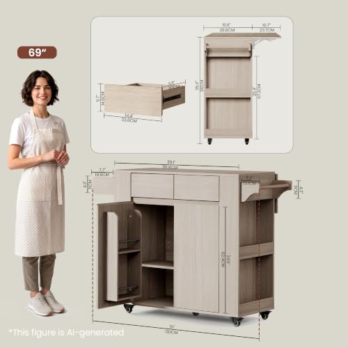 51'' Mobile Kitchen Island with Drop Leaf, Rolling Kitchen Cart with Drawrs & Storage Cabinet on Wheels, Portable Island Table with Spice Rack & Towel Rack for Dining Room, White Oak Gray