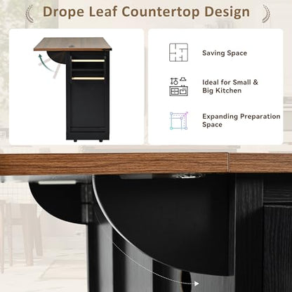 53.7" Kitchen Island with Drop Leaf & Power Outlet, Rolling Kitchen Island Cart On Wheels with 2 Sliding Barn Door, Kitchen Island Table with Storage, for Kitchen, Dining Room (Black) - color: Black