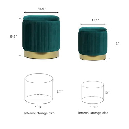YYW HOME Round Ottoman with Storage Set of 2 Green Velvet Vanity Stool | Removable Lid, Gold and Green Ottoman,Hidden Storage Stool, Small Coffee Table for Living Room,Nest Packing, Assembly Free - color: Green