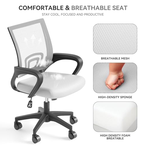 Office Chair, Ergonomic Mid-Back Mesh Desk Chair, White | Lumbar Support, Adjustable Height, Rolling Wheels, Comfy Armrest, For Work, Study, Gaming - color: White