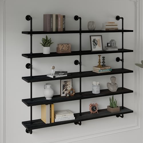 HDDFER Floating Shelves for Wall Bookshelf Industrial Pipe Shelving Shelves 60 Inch 5 Tier Natural Wood Planks Rustic Wall Shelves Hanging Bookshelves Farmhouse Kitchen Shelving - color: Black, size: 5Tier60in