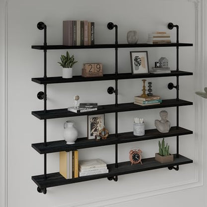 HDDFER Floating Shelves for Wall Bookshelf Industrial Pipe Shelving Shelves 60 Inch 5 Tier Natural Wood Planks Rustic Wall Shelves Hanging Bookshelves Farmhouse Kitchen Shelving - color: Black, size: 5Tier60in