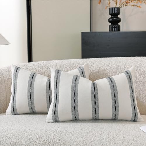 Cethom Boho Throw Pillow Covers 12x20 Set of 2, Beige and Black Striped Decorative Pillow Cases for Couch Chair Bed, Textured Farmhouse Accent Cushion Covers for Living Room Bedroom Sofa Home Decor - color: Black, size: 20" x 12" (Pack of 2)