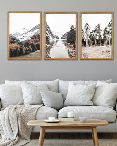 UPWOIGH Mountain Landscape Framed Wall Art, 16 x 24 Inch, Set of 3 | Mountain, Lake and Pine Tree Photography Prints, Soft Neutral Tones, Light Wood Frames for Bedroom, Office and Living Room - color: Grey Mountain, size: 24"L x 16"W