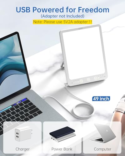 SUXIO Light Therapy Lamp - 10000 Lux Therapy Light, 3 Timing & Mode Happy Lamp, Touch Control Daylight Lamp with Memory Function, Portable Light Therapy Box for Home/Office Use As Lift Mood - size: USB-A 5V-2A
