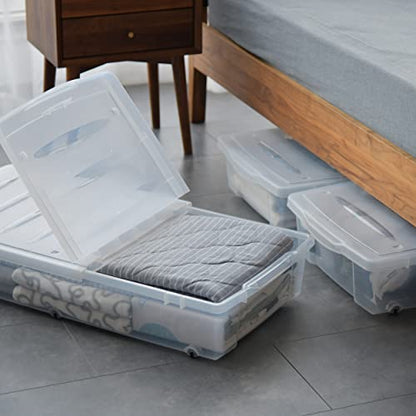 Citylife 57 QT Plastic Under Bed Storage Bins with Double-opening Lids Clear Underbed Storage Containers with Wheels for Organizing Shoes, Blankets, Clothes