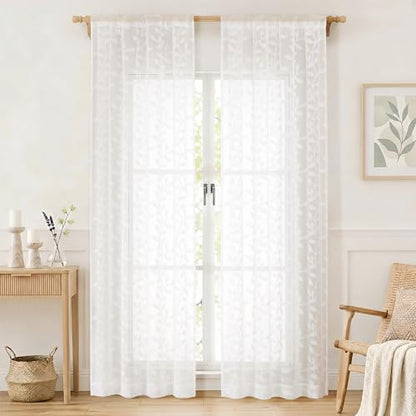 White Sheer Curtains 96 Inches Long - Jacquard Leaf Clip Textured Sheer Curtains for Living Room, Farmhouse Light Mitering Window Treatments Drapes with Rod Pocket, 2 Panels, 2x42Wx96L Inches - color: White, size: 42"W x 96"L (Pack of 2)