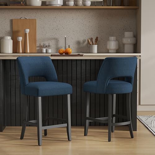 VKNOW Bar Stools Set of 2, 26" Upholstered Counter Height Bar Stools | Modern Counter Stools with Black Rubberwood Legs for Kitchen Island Dining Room Bar, Blue-Black Legs - color: Blue-black Legs, size: Set of 2