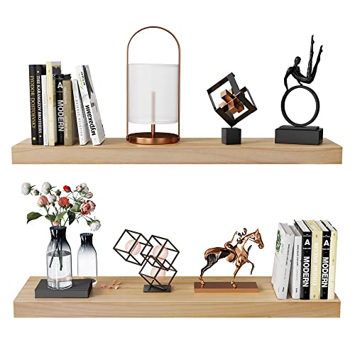 Habudda Floating Shelves for Wall, Bathroom Bedroom Kitchen Book Shelf, Rustic Wooden Home Decor Plant Display, Varnished Natural Solid Wood, Mounted Invisible Bracket, 30" Set of 2 - color: Burlywood, size: 30"×6.7"×1.6"