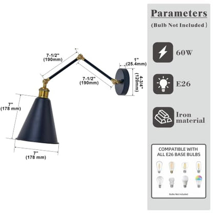 Swing Arm Wall Sconce Black Gold, 7" Metal Cone Shade | Farmhouse Wall Light, Adjustable Dual-Joint Arm, Industrial Wall Lamp, Antique Brass Accents for Bedroom Reading Living Room
