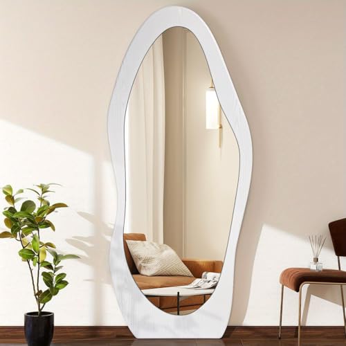 Wavy Mirror Wooden 59" x 24" Floor Mirror Full Length White Irregular Full Body Mirrors for Bedroom Cloakroom Living Room Entryway Hall - color: White
