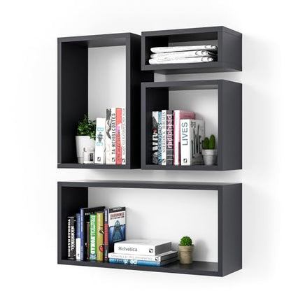 Wall Mount Shelf Set of 4, Floating Cube Shelves for Space Discovery Home and Commercial Use, Large Size Shelves Set, Black - color: Black, size: Set4