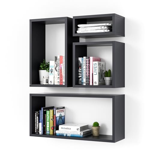 Wall Mount Shelf Set of 4, Floating Cube Shelves for Space Discovery Home and Commercial Use, Large Size Shelves Set, Black - color: Black, size: Set4