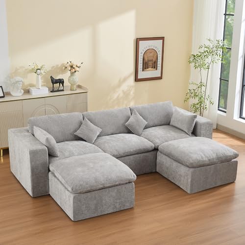 115'' Cloud Boneless Sectional Couch, Modular Sectional Sofa Deep Seat with 2 Ottomans, Oversized Upholstered Convertible Comfy 5 Seater Chenille Sofa U Shape Couches for Living Room, Light Grey - color: Light Grey, size: 115"/3 Seater+2 Ottoman