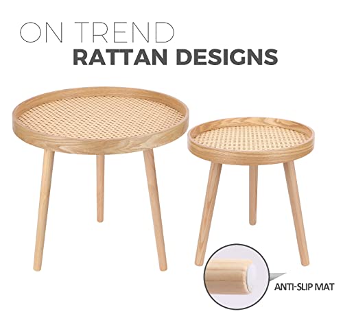Round Coffee Table Set of 2, Natural Boho Coffee Tables, Small Mid Century Modern Rattan Coffee Table, Boho Side Table End Tables for Living Room Bedroom Office - color: Natural Walnut - Set