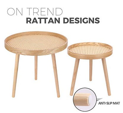 Round Coffee Table Set of 2, Natural Boho Coffee Tables, Small Mid Century Modern Rattan Coffee Table, Boho Side Table End Tables for Living Room Bedroom Office - color: Natural Walnut - Set