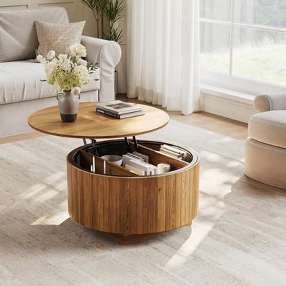 kepptory Round Lift Top Coffee Table with LED Lights, Mid Century Modern Wooden Coffee Tables with 3 Storage Space, Circle Center Table for Living Rooms,Dining Room,Bedroom Home Office,APP LED Lights - color: Walnut2