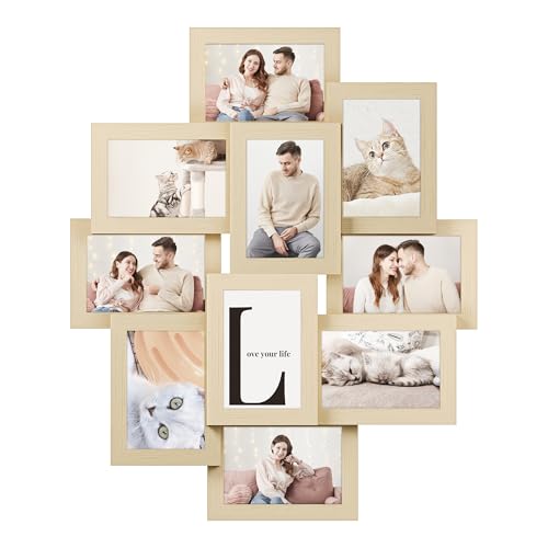 SONGMICS Collage Picture Frames, 4x6 for Wall Decor, Multi Family Photo for Gallery Decor, Glass Front, Set of 10, Natural Beige URPF020N01 - color: Natural Beige, size: 10 Pack