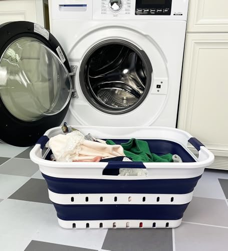 SAMMART 42L (11 gallon) Collapsible Plastic Laundry Basket - Foldable Pop Up Storage Container/Organizer - Space Saving Hamper/Basket (1, White/Starry Blue) - color: White/Starry Blue