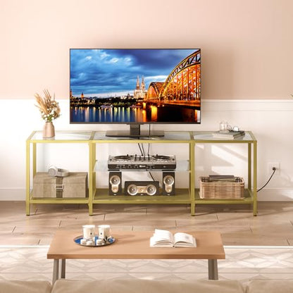 HOOBRO TV Stand with LED Lights and Power Outlets for TVs up to 75", Modern 70.9 Inch Tempered Glass TV Console Table with Open Shelves, Media Entertainment Center for Living Room, Gold GD185UDS01 - size: 70.9 Inch