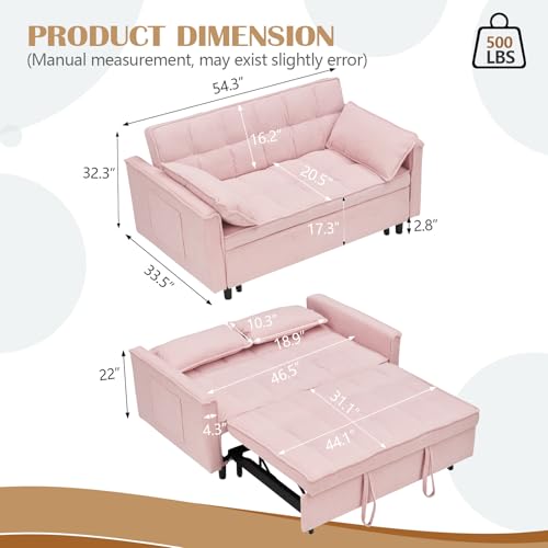 3 in 1 Pull Out Couch,Convertible Sleeper Sofa Bed, Corduroy-Pink | Futon Loveseat Couch with Pull-Out Bed & Adjustable Backrest Velvet Sofa with Side Pocket for Small Apartment - color: Corduroy-pink, size: 54.3 "