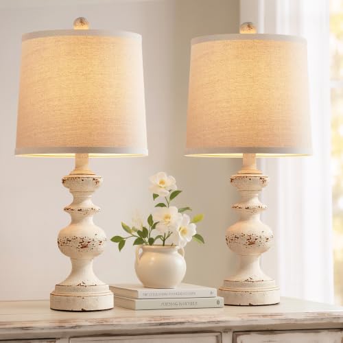 Farmhouse Table Lamp Set of 2, Rustic Table Lamps for Living Room Bedroom, 22" Mid Century Modern Desk Lamp Bedside Nightstand Lamps with Linen Tapered Drum Shades, Washed White - color: Washed White