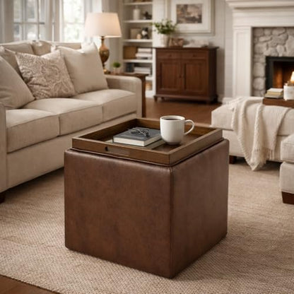 HomePop 17.5" Storage Ottoman with Tray Top - Brown Faux Leather - color: Brown Faux Leather