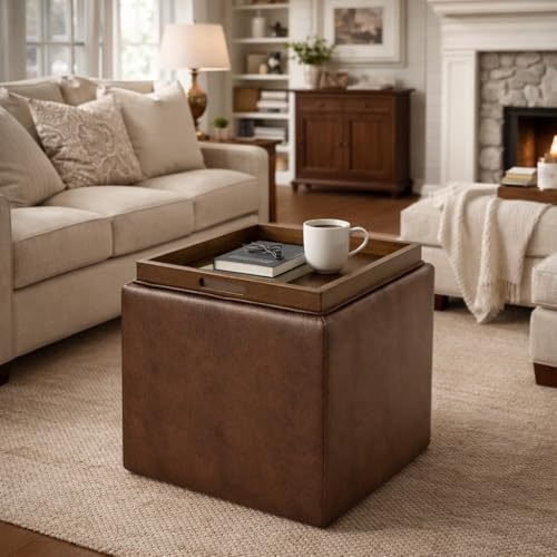 HomePop 17.5" Storage Ottoman with Tray Top - Brown Faux Leather - color: Brown Faux Leather
