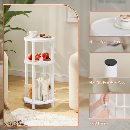 HOOBRO Small Round Side Table with Charging Station, 3-Tier Round Bamboo End Table, Compact Sofa Bedside Table for Small Space, Easy Assembly, for Living Room, Bedroom, Apartment, White WT152UBZ01 - color: White