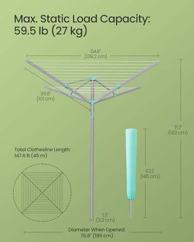 SONGMICS Umbrella Clothesline, Rotary Washing Line, Foldable Heavy-Duty Outdoor Clothes Drying Rack with Clips, Cover, Ground Anchor, 147.6 ft (45 m) Long for 4 Loads of Laundry, Silver ULLR306EZ01 - size: 54.8"D x 54.8"W x 71.7" H, style: Standard (Steel