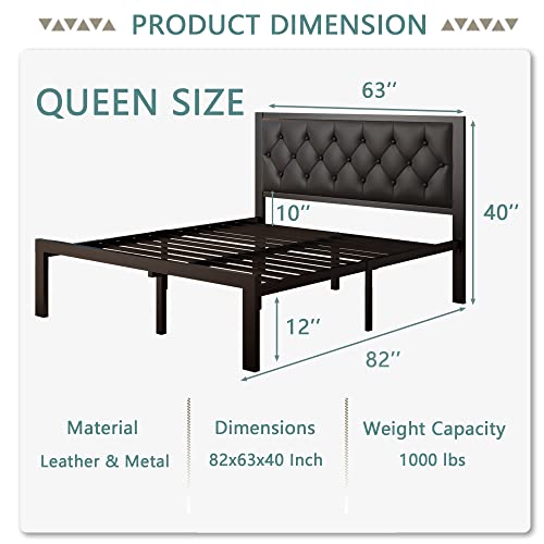 Feonase Queen Size Metal Bed Frame with Faux Leather Button Tufted Headboard, Heavy-Duty Platform Bed Frame with 12" Storage, Steel Slats Support, No Box Spring Needed, Noise Free, Black - color: Black, size: Queen