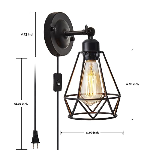 Plug in Wall Sconce, Industrial Sconces Wall Lighting, Vintage Wall Lamp with Plug in Cord, Rustic Black Sconce Fixture, On/Off Switch Sconce Light Fixture for Kitchen Bedroom Porch 2 Pack