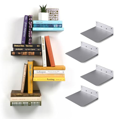 Floating Invisible Bookshelf Wall Mounted (Set of 4) - Aluminum - Turn Books into Floating Shelves - size: Large