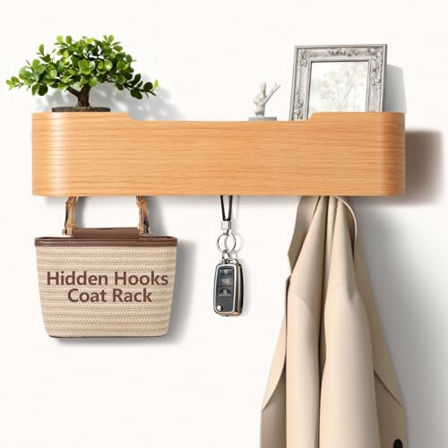 Coat Rack Wall Mount with Hidden Hooks Modern Key Holder Wood Entryway Hook with Shelf for Bedroom Kitchen Hallway Bathroom Designed for Hanging Coats Hats Bags Towels Dog Leashe(Oak,4 Hooks) - color: Oak, size: 4 Hooks