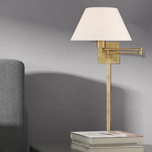 Livex Lighting 40038-01 1-Light Swing Arm Wall Light, Antique Brass | Oatmeal Fabric Shade - color: Antique Brass