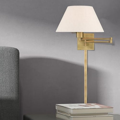 Livex Lighting 40038-01 1-Light Swing Arm Wall Light, Antique Brass | Oatmeal Fabric Shade - color: Antique Brass