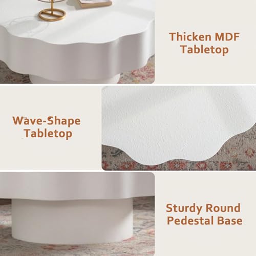 Modern White Scalloped Coffee Table 31.5" Round Wood Center Table Wave-Shape Coffee Tea Tables with Pedestal Base for Living Room Apartment Small Space (White) - color: White