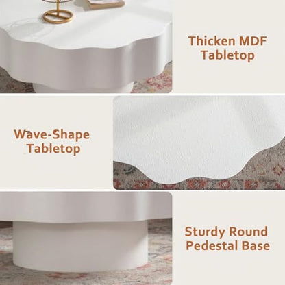 Modern White Scalloped Coffee Table 31.5" Round Wood Center Table Wave-Shape Coffee Tea Tables with Pedestal Base for Living Room Apartment Small Space (White) - color: White