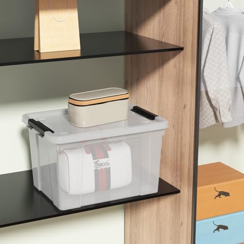 Set of 4 Storage Bins with Wheels, 23 L Clear Latch Boxes with Lids | Clear thick plastic, black side latch lid, built-in bottom rolling wheels, fit closet, bedroom and garage organization - size: 23 L