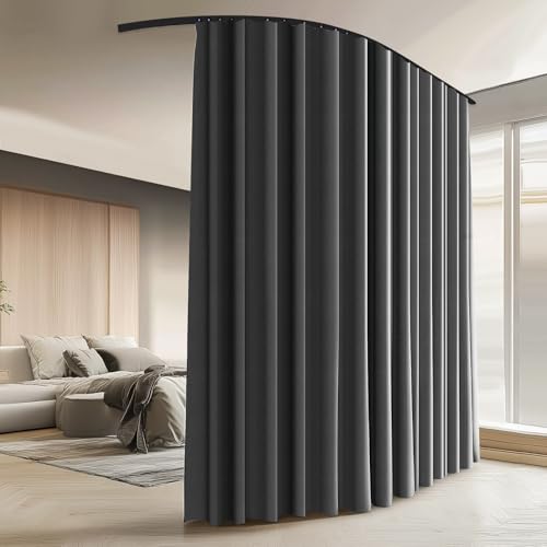 Room Divider Curtains with Ceiling Curtain Track Set Window Curtain for Bedroom,Living Room Total Blackout Thermal Insulated Privacy Ceiling Track Curtain W 9 × H 7 FT Deak-Grey drape&Black track - color: Deak-grey, size: 108"W x 84"L (Pack of 1)